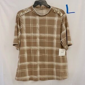 PerSeption Concept Brown Plaid Short Sleeve Top with Gold Buttons